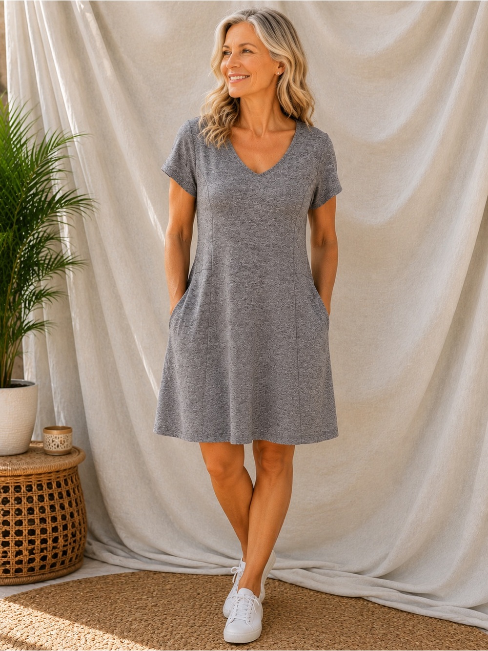 J. Jill Fit Marled Gray V Neck Dress
